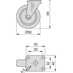 Pallar>Set med 4 Svänghjul för Möbel 50mm med Fästplatta och Kullager, Gummifärgade Hjul GråCO