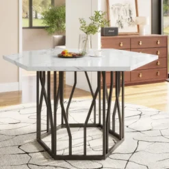 Matbord>Sexkantigt matbord med marmorskiva och svart metallram, modernt soffbord för matsal/vardagsrum
