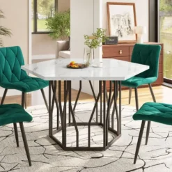 Matbord>Sexkantigt matbord med marmorskiva och svart metallram, modernt soffbord för matsal/vardagsrum