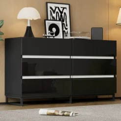 Byråer>Sideboard för vardagsrum 140x39,5x78,5 cm, byrå med 6 lådor, 3 metallben, högblank vit & svart, hög lastkapacitet