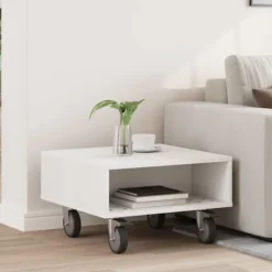 vidaXL Småbord>Sido bord med hjul Vit 50 x 50 x 30 cm Konstruerat trä