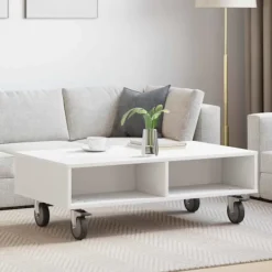 vidaXL Soffbord>Sido bord med hjul Vit 90 x 50 x 30 cm Konstruerat trä
