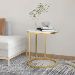 vidaXL Småbord>Sidobord guld och vit marmor 45 cm härdat glas
