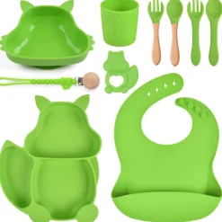 Matgrupper>Silikonmatsats - Ekorrformad med nappkedja och tallrik, haklapp (07)