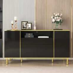 Sideboards>Skänk, blanksvart byrå med 1 låda, byrå, sovrumsbyrå, blanksvart skänk – B150/T40/H80cm