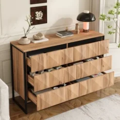 Byråer>Skänk i svart och naturfärgat trä med metallben | Byrå med upphöjda dörrar | Förvaringsmöbel