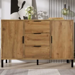Sideboards>Skänk med 2 dörrar och 3 lådor, 120 x 40 x 76 cm i mörk ek, justerbar hylla, skänk highboard för sovrum och alla vardagsrum