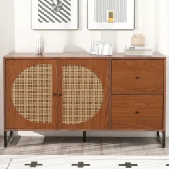 Skåp>Skänk med 2 rottingdekorerade dörrar och 2 lådor Comodo köksskåp, mångsidigt skåp, highboard med metallhandtag