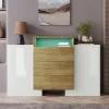 Sideboards>Skänk, modern byrå, garderob 140 cm, högblank vit och träfärg, flerfärgade LED-ljuseffekter