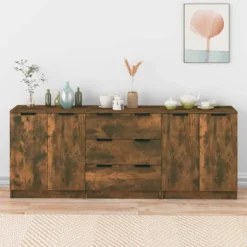 vidaXL Sideboards>Skänkar 3 delar rökfärgad ek konstruerat trä