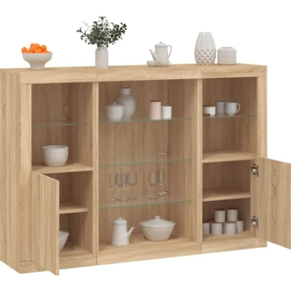 vidaXL Sideboards>Skänkar med LED-belysning 3 st sonoma-ek konstruerat trä
