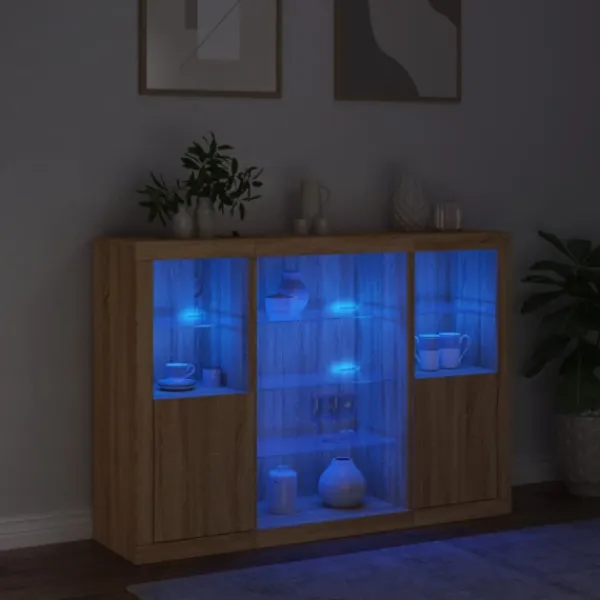 vidaXL Sideboards>Skänkar med LED-belysning 3 st sonoma-ek konstruerat trä