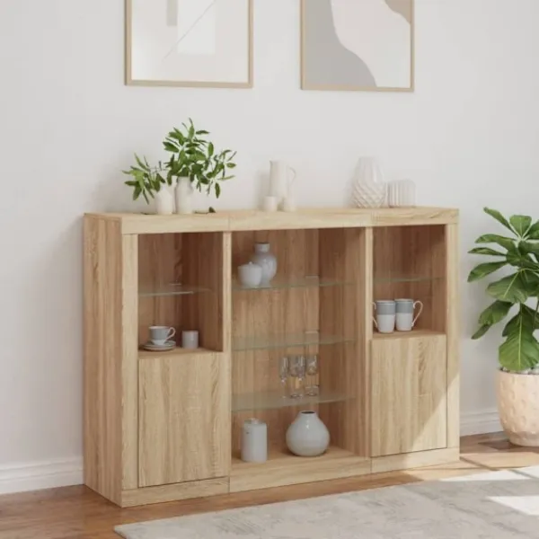 vidaXL Sideboards>Skänkar med LED-belysning 3 st sonoma-ek konstruerat trä