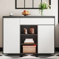 Skåp>Skoskåp med 2 dörrar och låda - Justerbart skoställ för 12-17 par, svart/vit