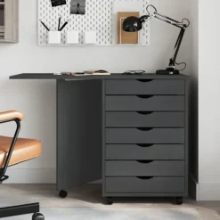 vidaXL Kontorsmöbler>Skrivbord med hurts och hjul MOSS grå massiv furu