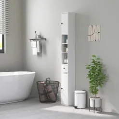 Northio Skåp>Smalt badrumsskåp, högt toalettskåp med låda, 3 öppna fack, justerbar hylla, badrumsskåp för små rum, badrum, vardagsrum 20 x 20 x 178 cm vit