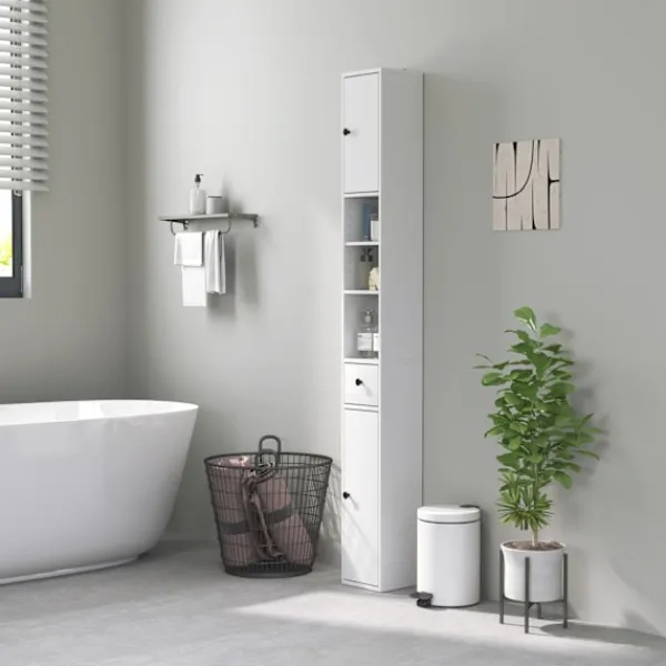 Northio Skåp>Smalt badrumsskåp, högt toalettskåp med låda, 3 öppna fack, justerbar hylla, badrumsskåp för små rum, badrum, vardagsrum 20 x 20 x 178 cm vit