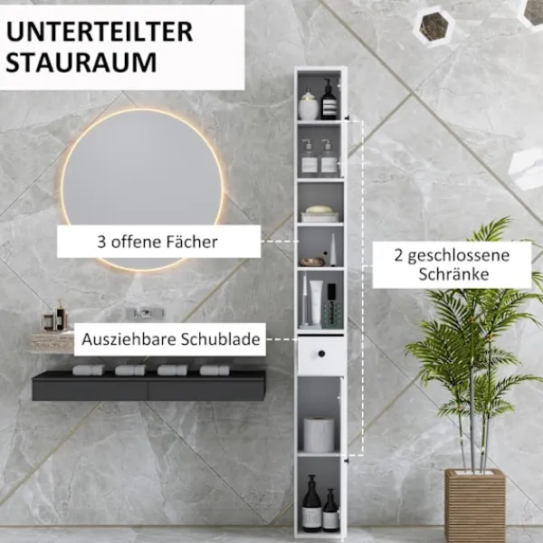 Northio Skåp>Smalt badrumsskåp, högt toalettskåp med låda, 3 öppna fack, justerbar hylla, badrumsskåp för små rum, badrum, vardagsrum 20 x 20 x 178 cm vit