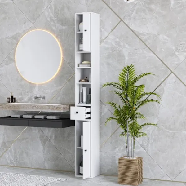 Northio Skåp>Smalt badrumsskåp, högt toalettskåp med låda, 3 öppna fack, justerbar hylla, badrumsskåp för små rum, badrum, vardagsrum 20 x 20 x 178 cm vit