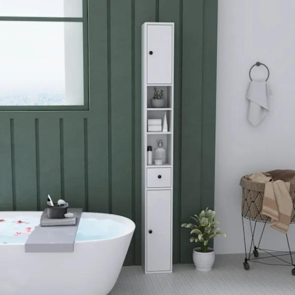 Northio Skåp>Smalt badrumsskåp, högt toalettskåp med låda, 3 öppna fack, justerbar hylla, badrumsskåp för små rum, badrum, vardagsrum 20 x 20 x 178 cm vit