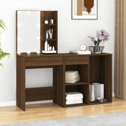 vidaXL Sminkbord>Sminkbord LED med skåp Brun ek konstruerat trä