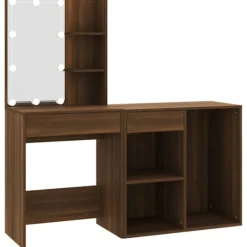 vidaXL Sminkbord>Sminkbord LED med skåp Brun ek konstruerat trä