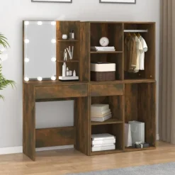 vidaXL Sminkbord>Sminkbord LED med skåp rökfärgad ek konstruerat trä