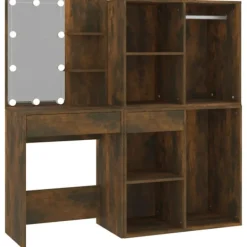 vidaXL Sminkbord>Sminkbord LED med skåp rökfärgad ek konstruerat trä