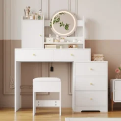Sminkbord>Sminkbord med dimbar LED-belysning och uttag, 90x132cm, med 5 lådor och spegel, inklusive pall, vit