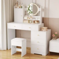 Sminkbord>Sminkbord med dimbar LED-belysning och uttag, 90x132cm, med 5 lådor och spegel, inklusive pall, vit