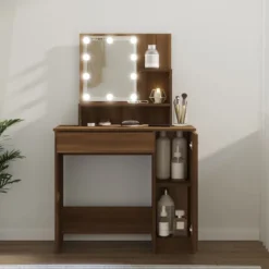 vidaXL Sminkbord>Sminkbord med LED brun ek 86,5x35x136 cm