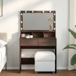 vidaXL Sminkbord>Sminkbord med LED brun ek 80x41x134,5 cm