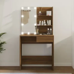 vidaXL Sminkbord>Sminkbord med LED brun ek 74,5x40x141 cm