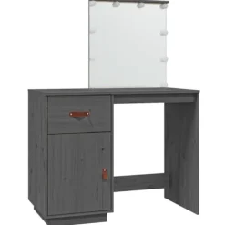 vidaXL Sminkbord>Sminkbord med LED grå 95x50x133,5 cm massiv furu