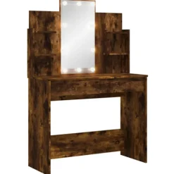 vidaXL Sminkbord>Sminkbord med LED rökfärgad ek 96x40x142 cm
