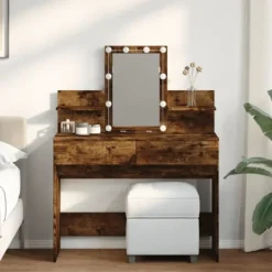 vidaXL Sminkbord>Sminkbord med LED rökfärgad ek 100x40x130 cm