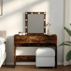 vidaXL Sminkbord>Sminkbord med LED rökfärgad ek 100x40x130 cm