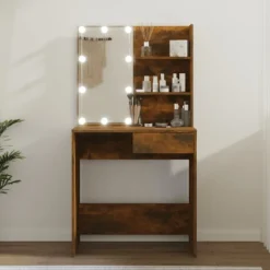 vidaXL Sminkbord>Sminkbord med LED rökfärgad ek 74,5x40x141 cm
