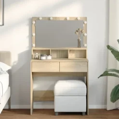 vidaXL Sminkbord>Sminkbord med LED sonoma-ek 80x41x134,5 cm