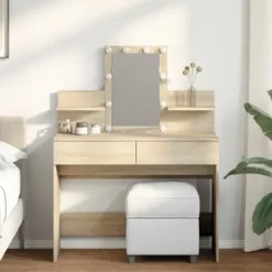 vidaXL Sminkbord>Sminkbord med LED sonoma-ek 100x40x130 cm