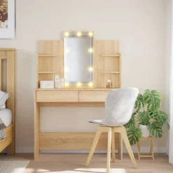 vidaXL Sminkbord>Sminkbord med LED sonoma-ek 96x40x142 cm