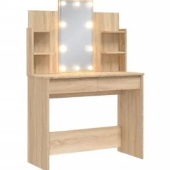 vidaXL Sminkbord>Sminkbord med LED sonoma-ek 96x40x142 cm