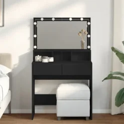 vidaXL Sminkbord>Sminkbord med LED svart 80x41x134,5 cm