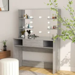 vidaXL Sminkbord>Sminkbord med LED-belysning 100x40x135 cm MDF betonggrå