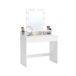 Pavil Sminkbord>Sminkbord med LED-belysning med 2 Lådor och 3 Öppna fack, Modern Toalettbord, Vitt