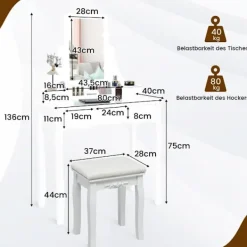 Northix Sminkbord>Sminkbord med LED-belysning & 5 lådor & pall sminkbord sminkbord vitt