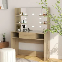 vidaXL Sminkbord>Sminkbord med LED-belysning 100x40x135 cm MDF ek