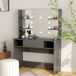 vidaXL Sminkbord>Sminkbord med LED-belysning 100x40x135 cm MDF grå