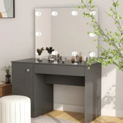 vidaXL Sminkbord>Sminkbord med LED-belysning 110x55x145 cm MDF grå