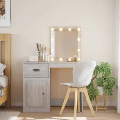 vidaXL Sminkbord>Sminkbord med LED-lampor grå sonoma 90x42x132,5 cm